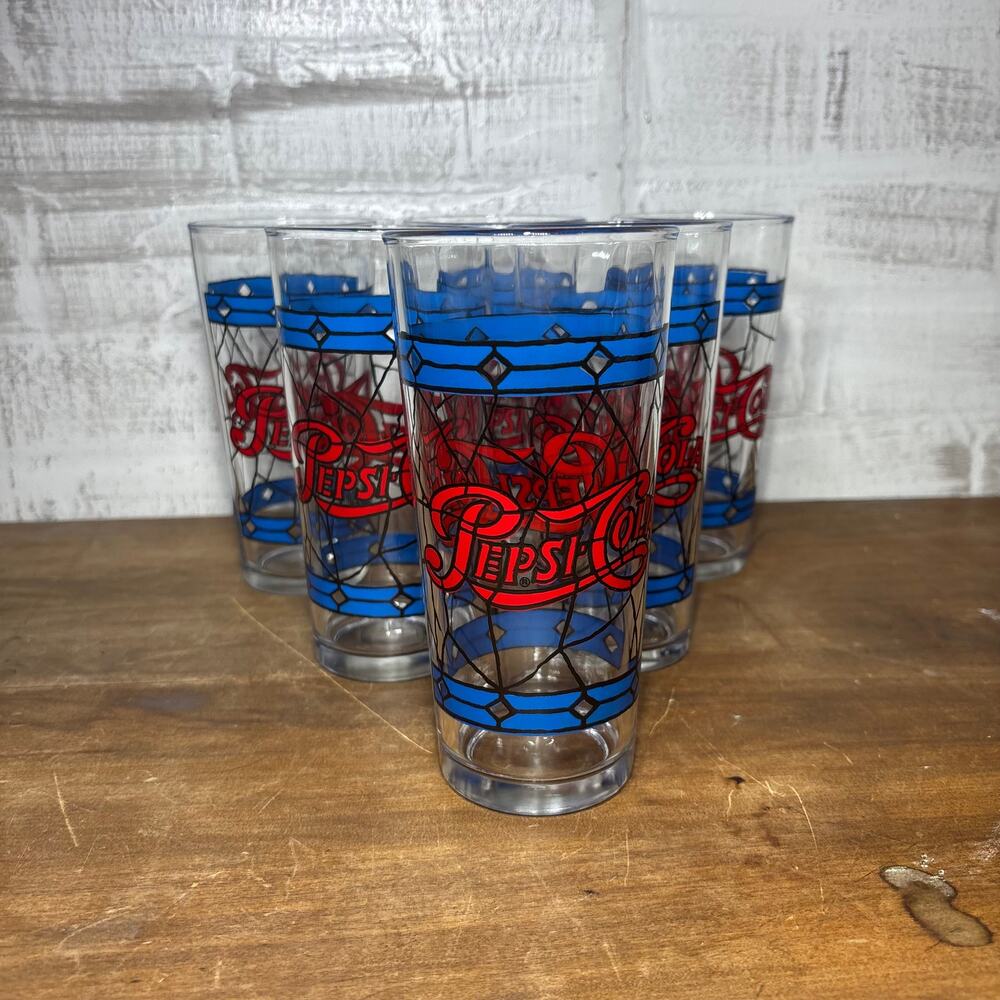 Vintage Pepsi-Cola Tiffany Style Glass Tumblers Set of 6